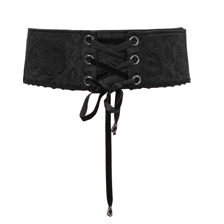 Back side of black gothic corset belt showing lace-up ties and hanging charm pendant detail