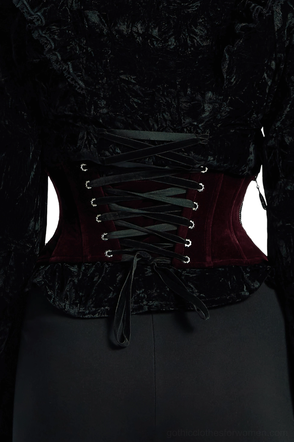 Gothic corset belt back view showing adjustable black lace-up ties and wine red velvet