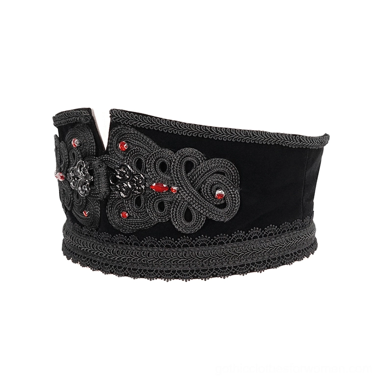 Back view of gothic corset belt showing lace-up straps, metal eyelets, and side zipper closure