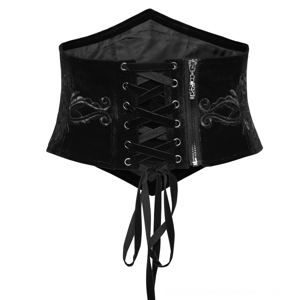 Back flat lay of gothic embroidered corset belt featuring dual lace-up and metal zipper fasteners