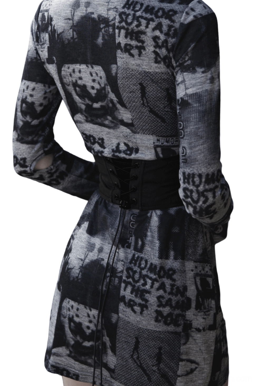 Back view of black lace-up gothic corset belt on model, displaying intricate crisscross lacing and adjustable back closure design