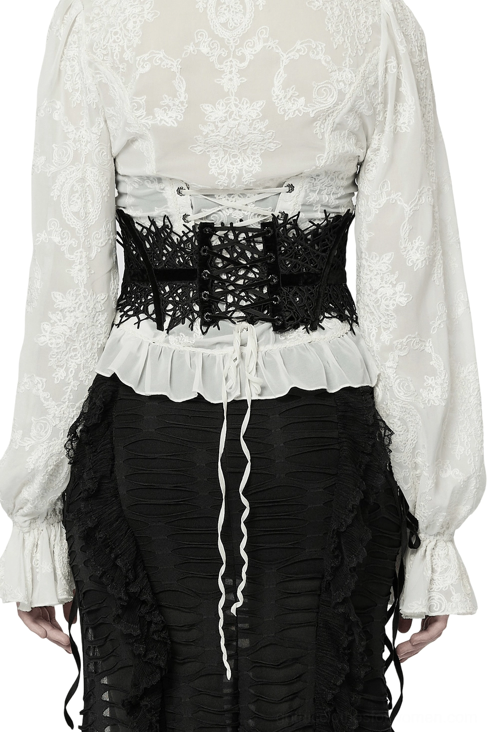 Gothic corset belt back view on model displaying adjustable lace-up ribbon ties and sheer branch lace design