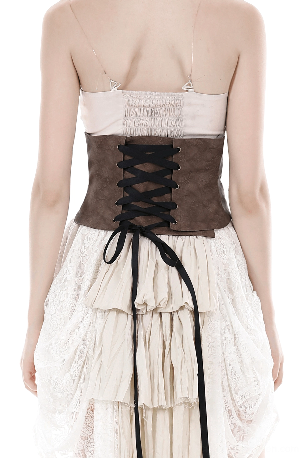 Back view of gothic corset belt with black drawstring lace-up closure and structural detail
