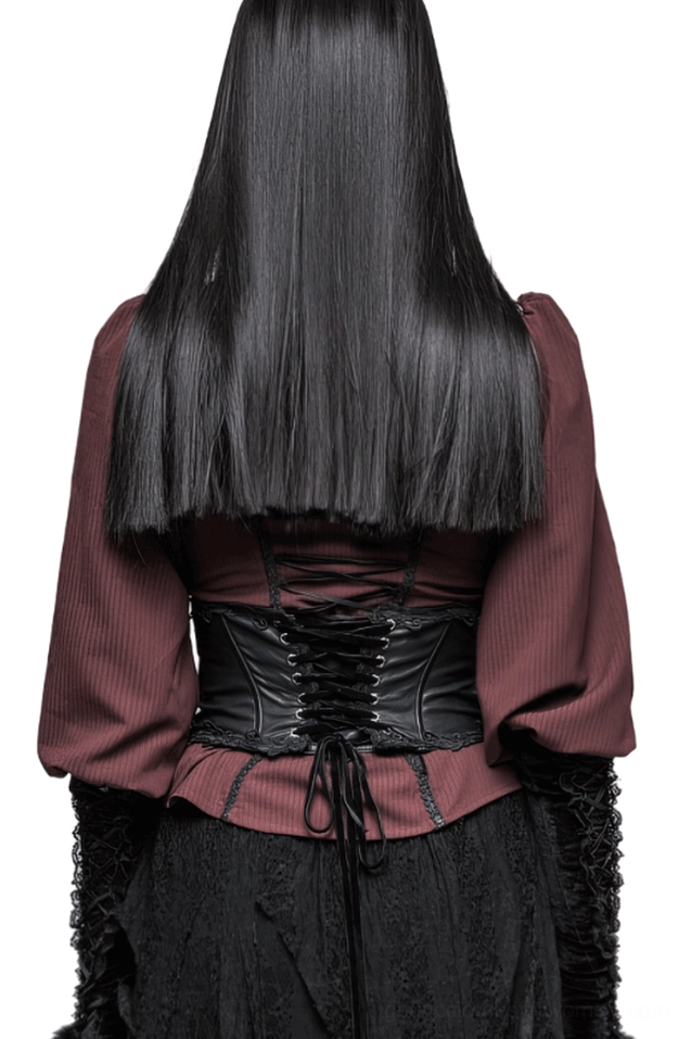 Black gothic corset belt back view with adjustable eyelet closure and long drawstrings, modeled on figure showing rear silhouette and lacing detail
