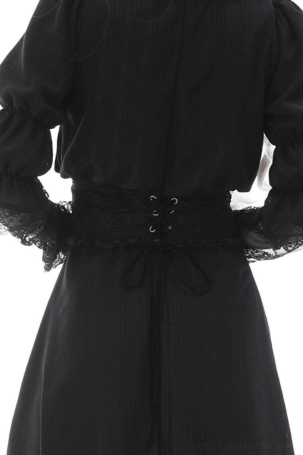 Back view of black lace corset waist belt featuring cross-ribbon lacing and reinforced metal eyelet fasteners, studio photography