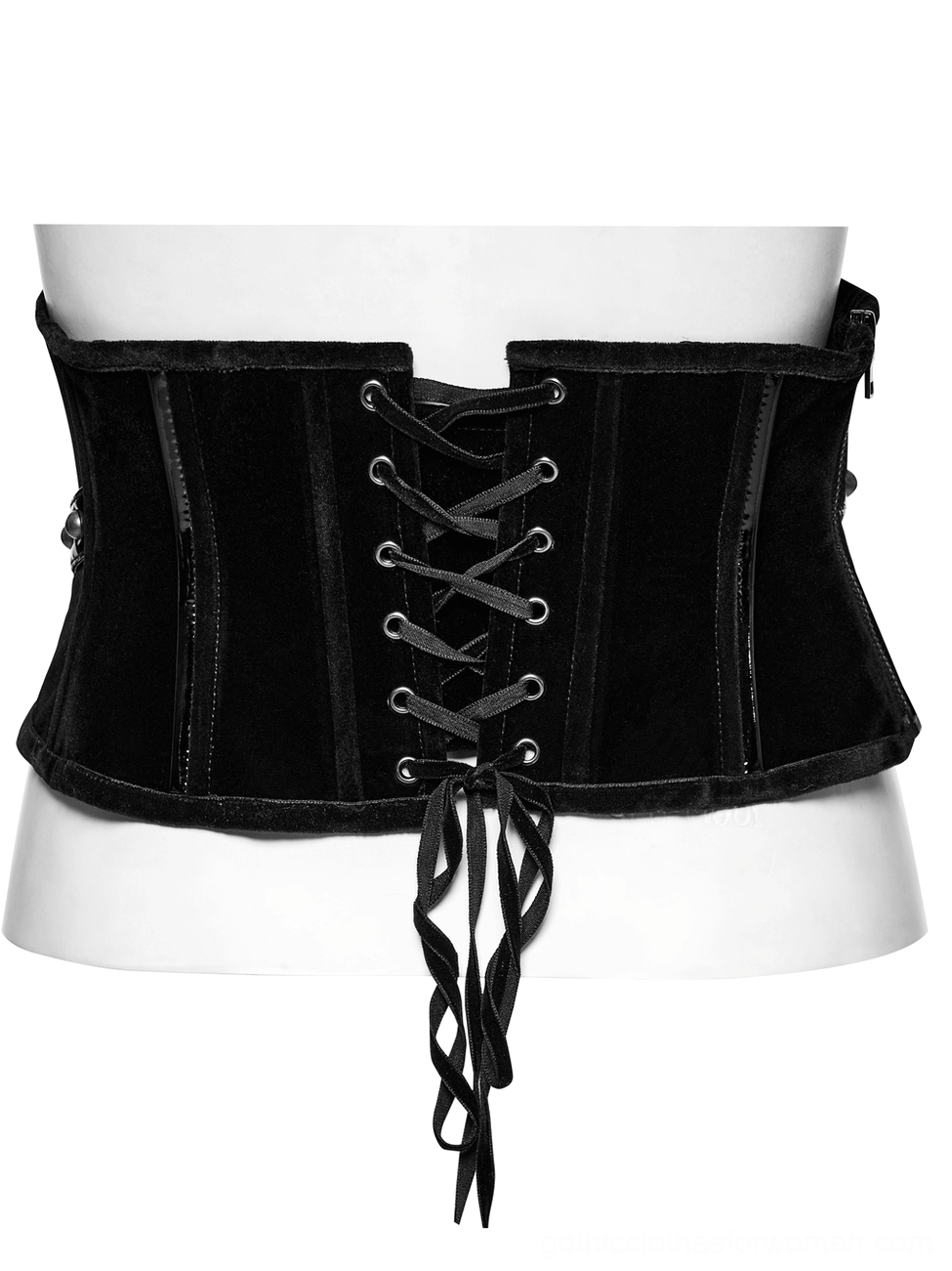 Back view of black velvet gothic corset belt on mannequin showing panel construction, lace-up system, and overall architectural silhouette