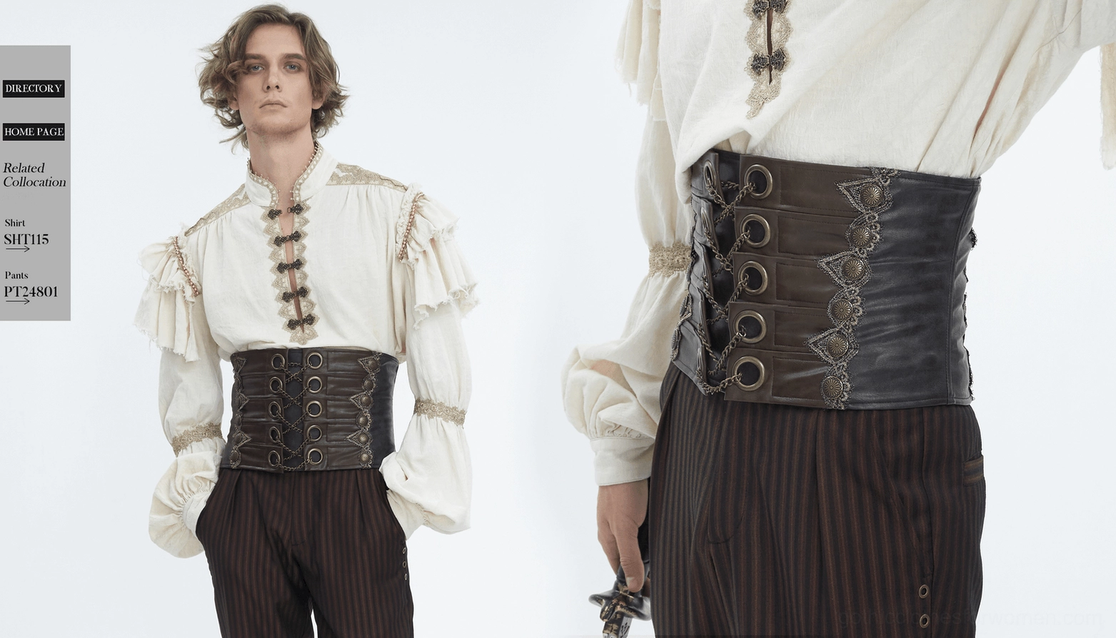Brown gothic corset belt detailed back view showing metal chain trim and structural construction
