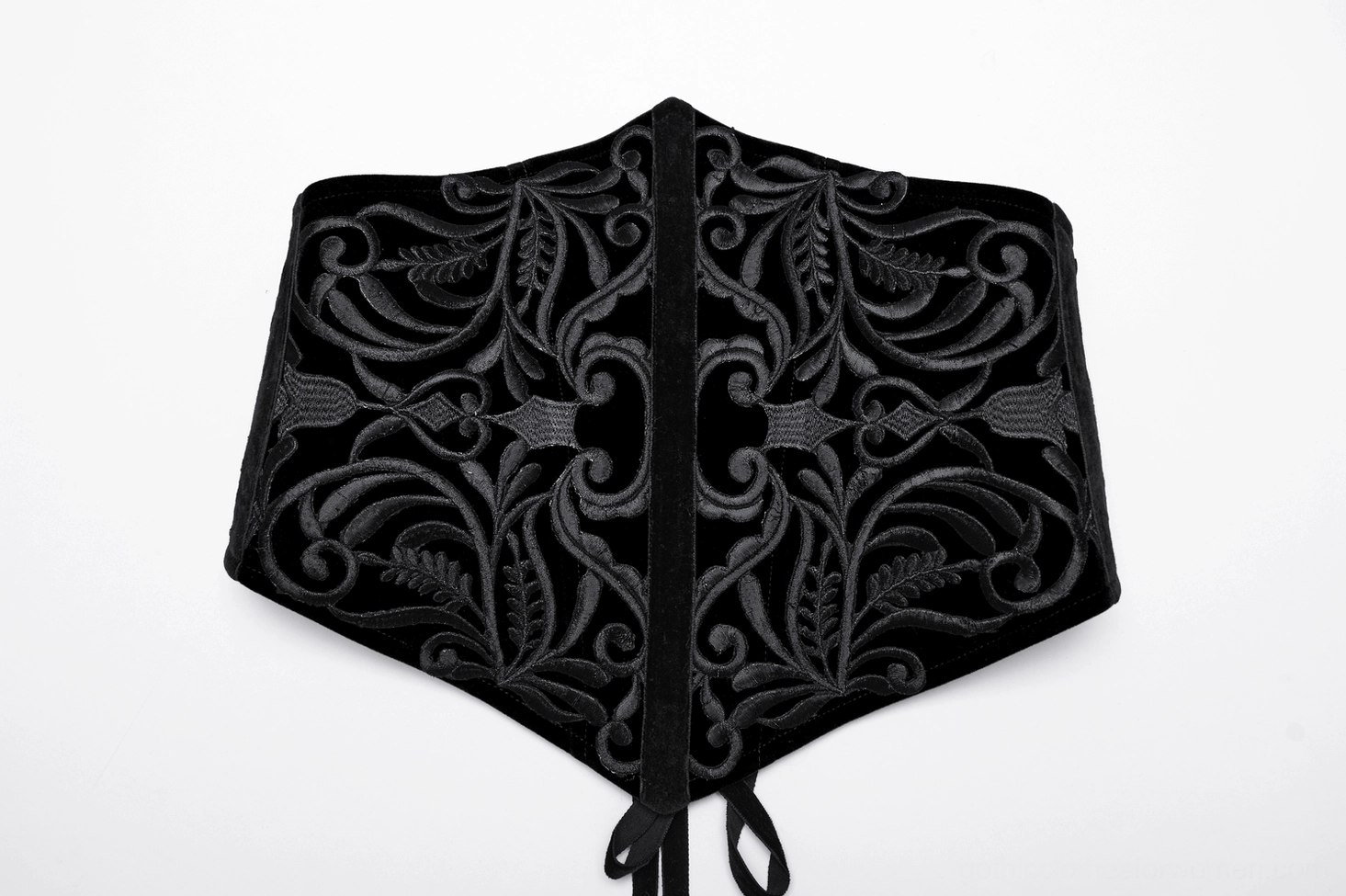 Front flat lay of gothic corset belt with baroque floral embroidery and tied back design detail