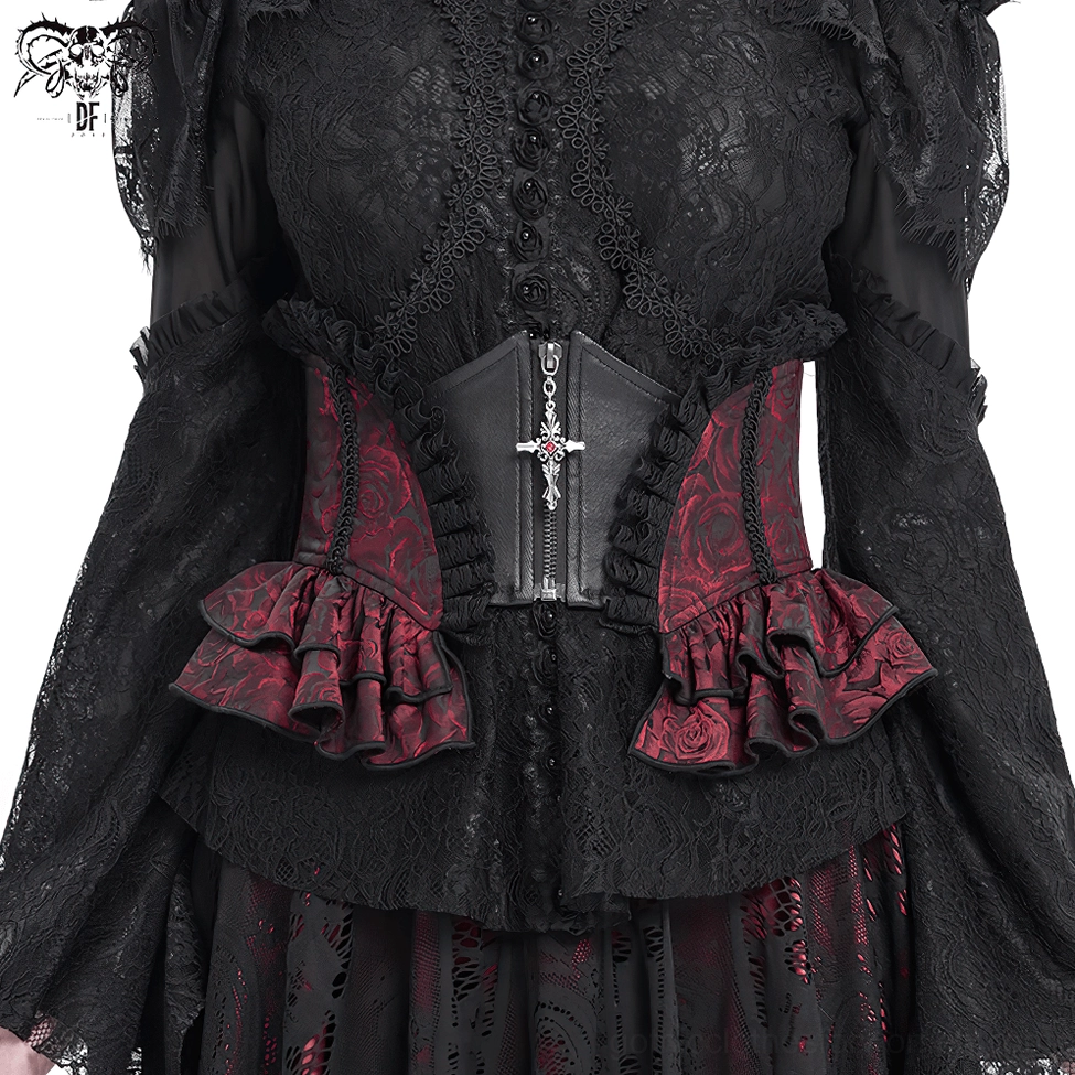 Gothic corset belt detail showcasing wine red rose brocade fabric weave and construction quality