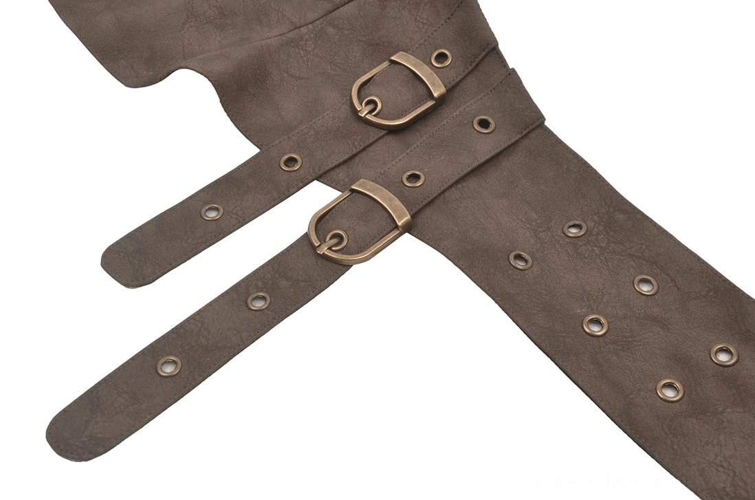 Close-up of vintage bronze buckle hardware on gothic corset belt showing craftsmanship