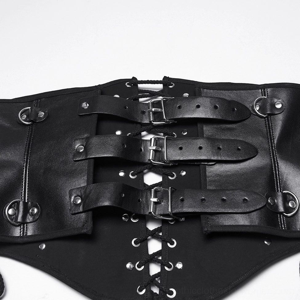 Flat close-up of black gothic corset belt front featuring three buckle straps and metal hardware