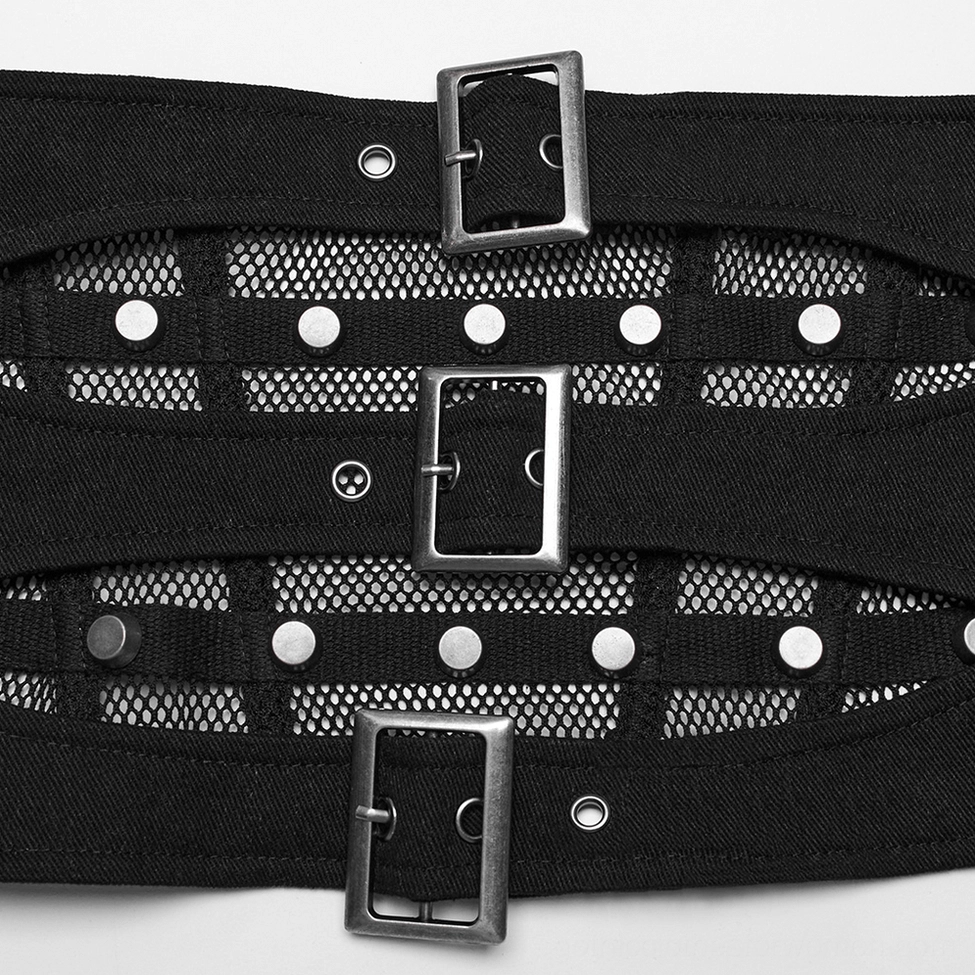 Close-up detail of black gothic corset belt buckle and mesh panel, showcasing metal buckles, fishnet texture, and rivet fasteners