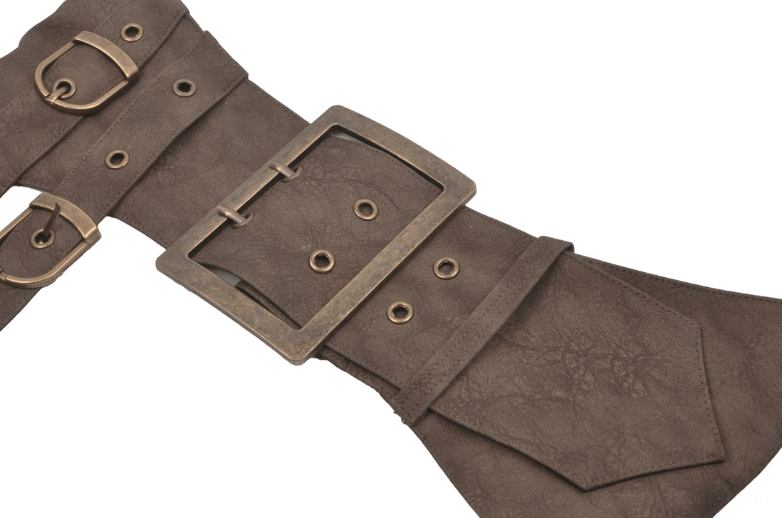 Close-up detail of dual buckle straps on gothic corset belt with adjustment holes