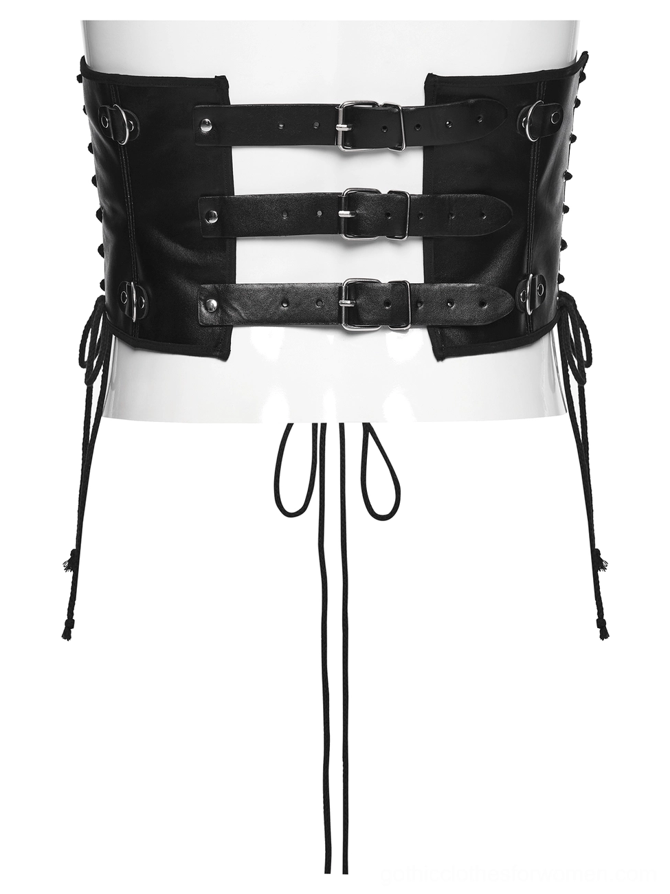 Black gothic corset belt with three horizontal buckles and side drawstring details