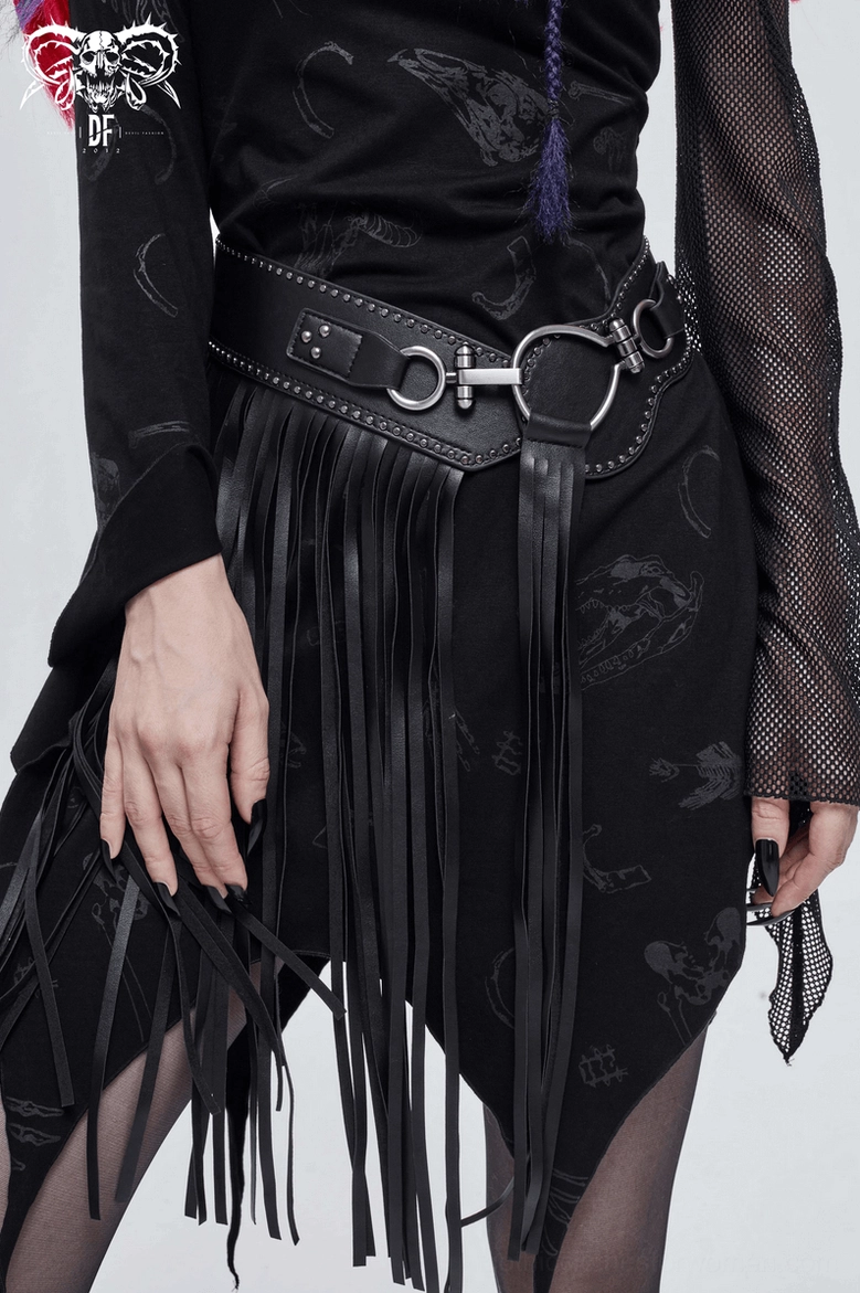 Black gothic corset belt styled close-up showing O-ring buckle system and premium synthetic leather finish