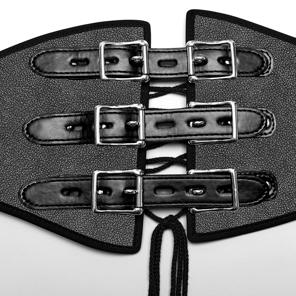 Close-up detail of black gothic corset belt showing three metal buckles and leather texture with lace tails