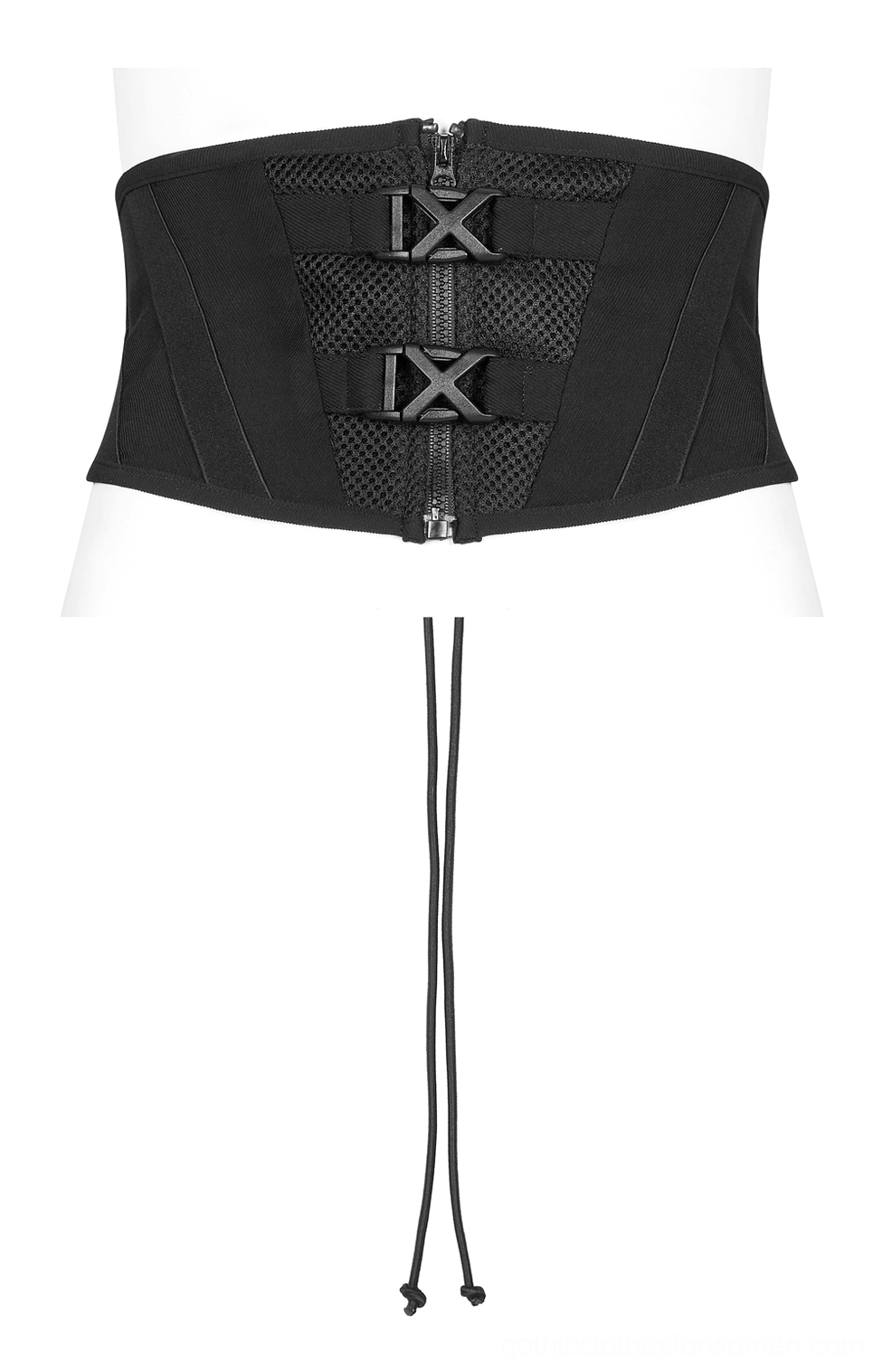 Front view of black corset belt on mannequin highlighting dual metal X buckles, zipper detail, and adjustable drawstring elements