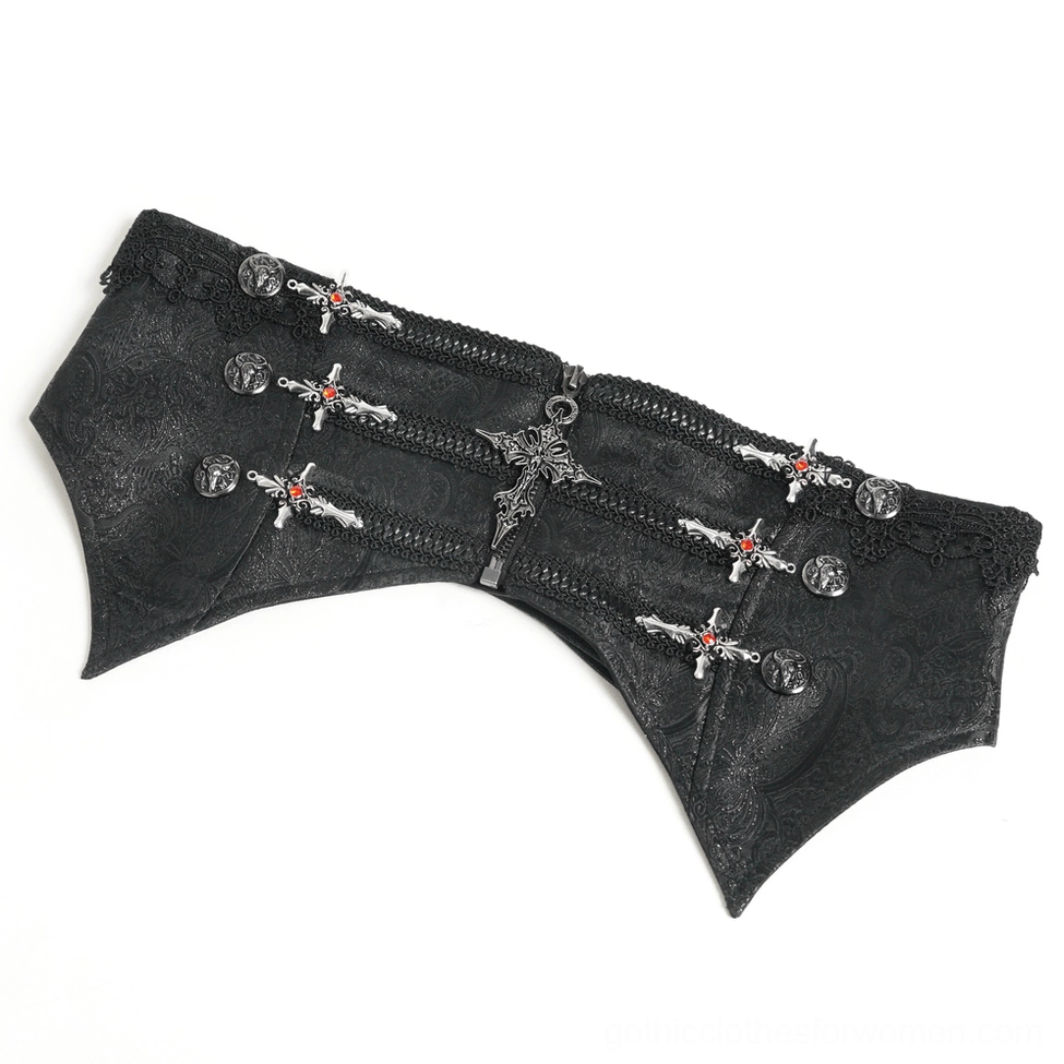 Black gothic waist corset belt angled flat lay with large central cross ornament and small cross accents