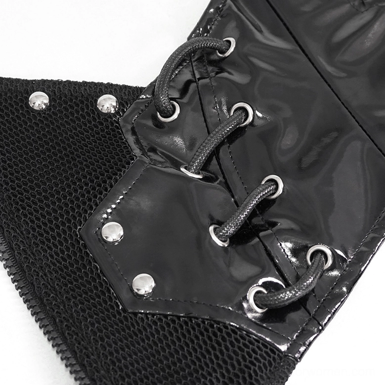 Close-up macro detail of black gothic corset belt fasteners showing silver rivets and lace-up eyelets on faux leather