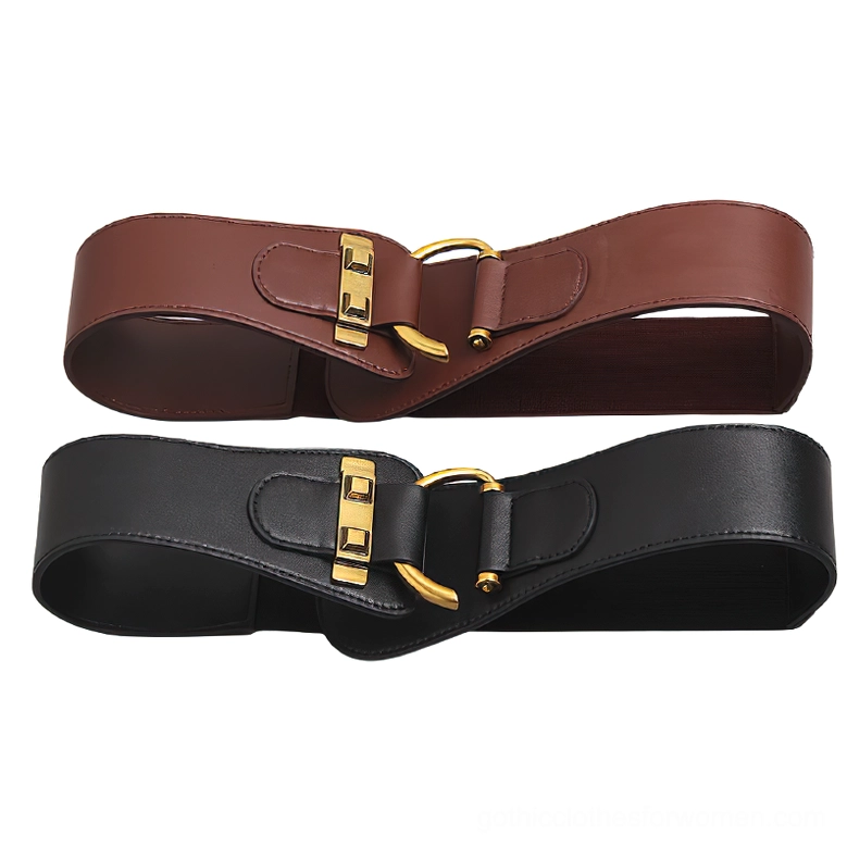 Black and burgundy gothic corset belts flat lay comparison with antique gold buckles