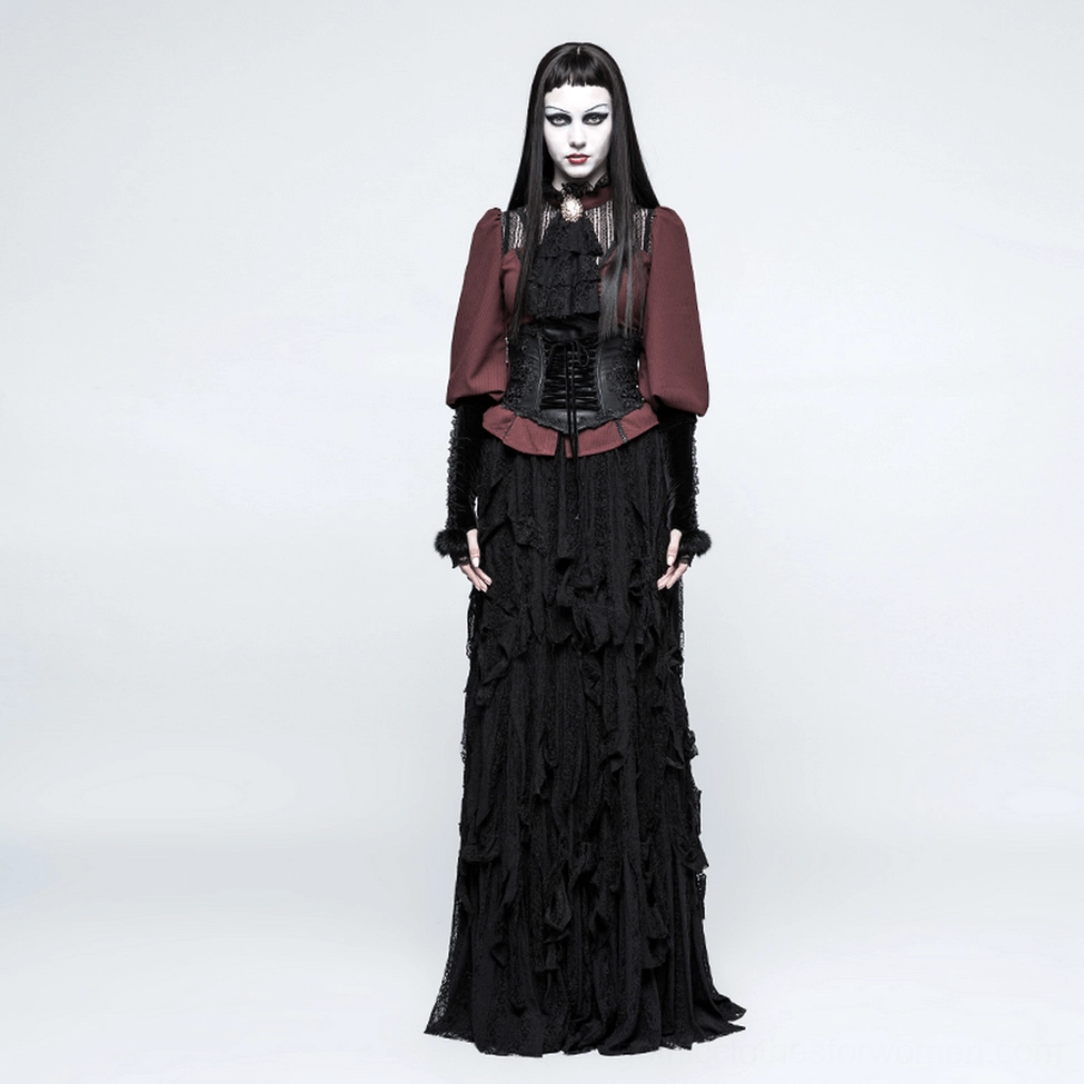 Black gothic corset belt showcasing complete design with floral embroidery on front and back, drawstring lacing, and eyelet closure system