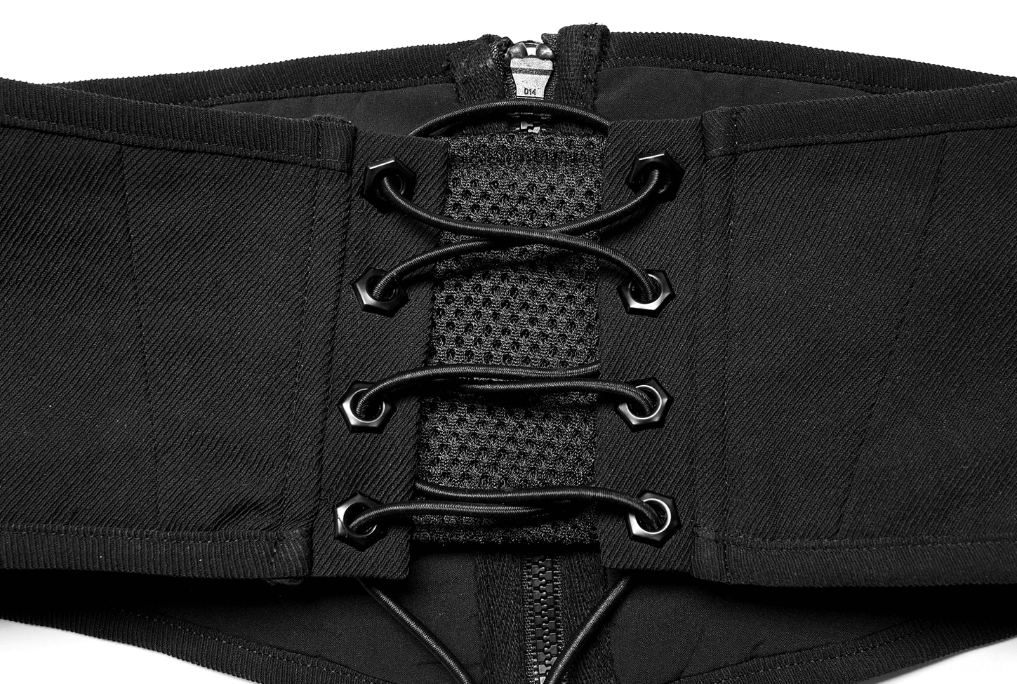 Detailed view of black corset belt construction showing layer composition, adjustment straps, and premium fabric quality