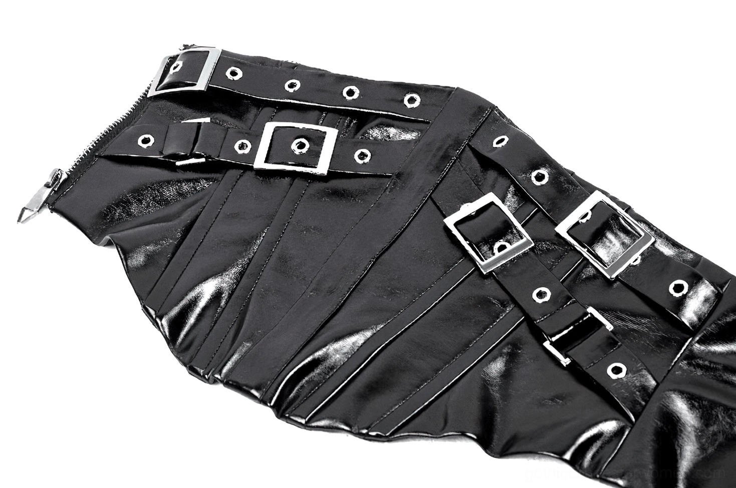 Detail shot of black corset belt construction showing premium leather quality and metal hardware integration