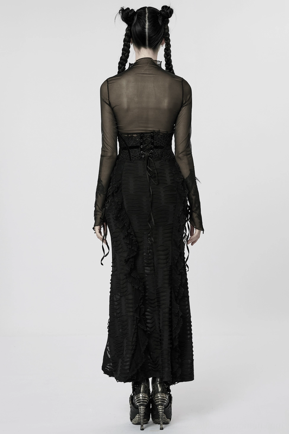 Gothic black corset belt closeup on wearer displaying fine craftsmanship of vine lace and velvet trim construction