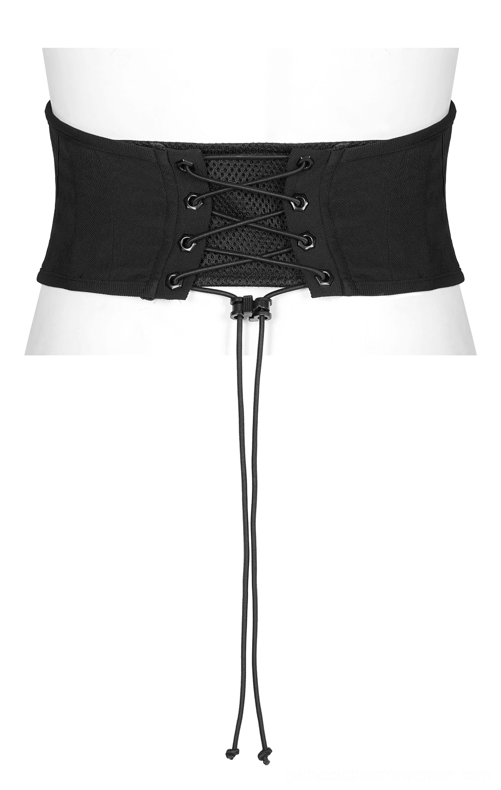 Front display of black gothic corset belt showing crisscross lace-up back design and mesh panel construction on mannequin