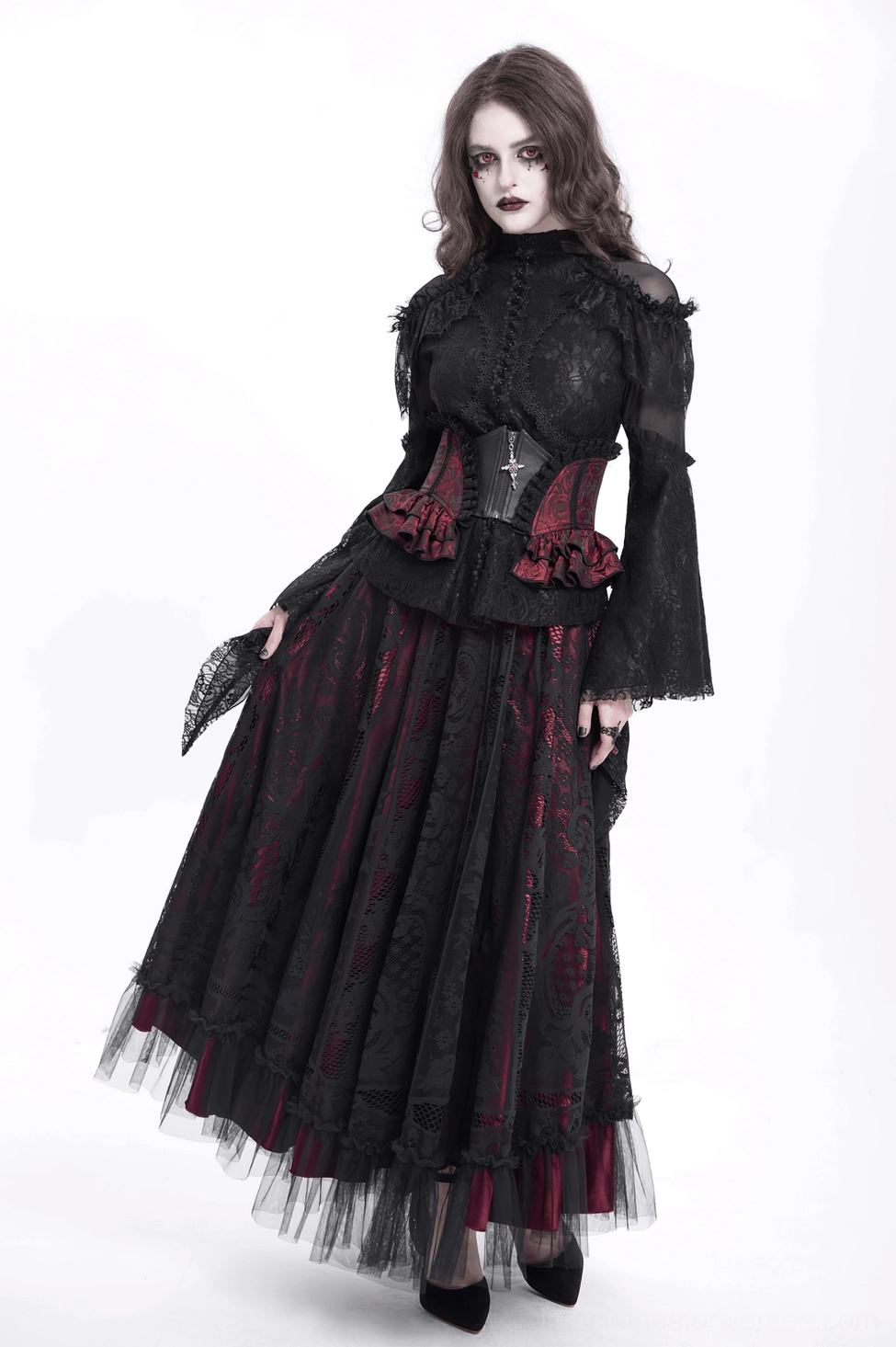 Gothic corset belt product photography highlighting cross pendant zipper and structured design
