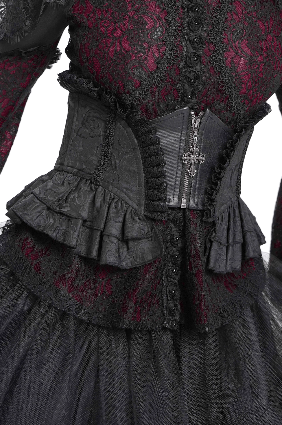 Black Victorian lace corset waist belt with cross zipper pendant and ruffled lace trim, front view worn by model