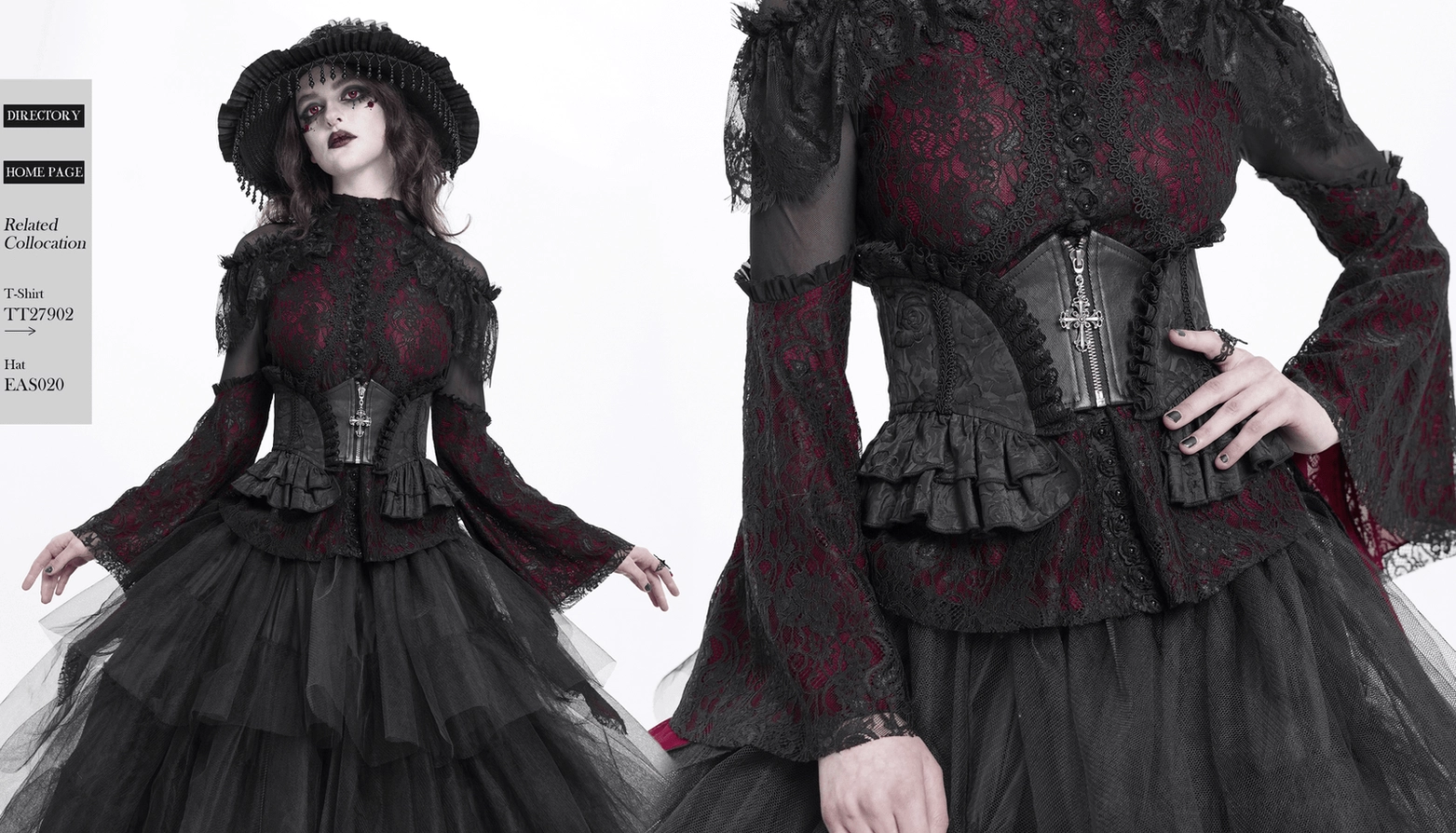 Black gothic corset belt with cross zipper and layered ruffles, alternative fashion accessory detail