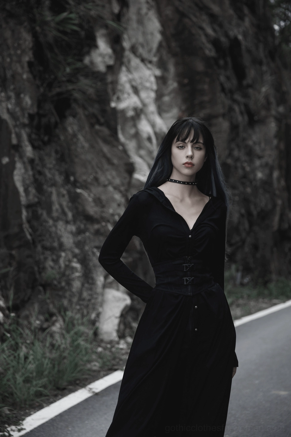 Black gothic corset belt lifestyle shot showing contemporary dark fashion aesthetic and versatile styling potential