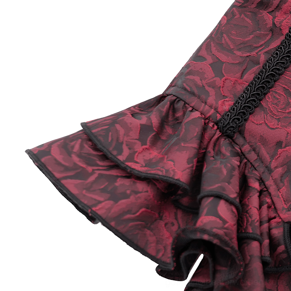 Close-up side view of wine red floral corset belt showing double ruffle hem and rose brocade texture