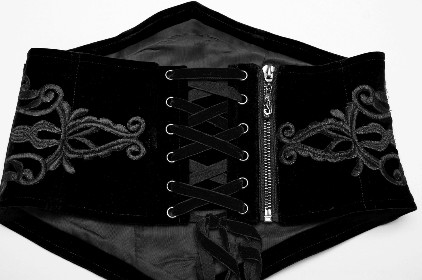 Back view of black gothic corset belt showing dual fastening system with lace-up and zipper