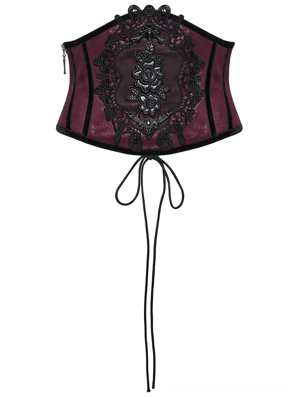 Gothic corset belt front view flat lay displaying embossed wine red fabric texture and decorative drawstring hem detail