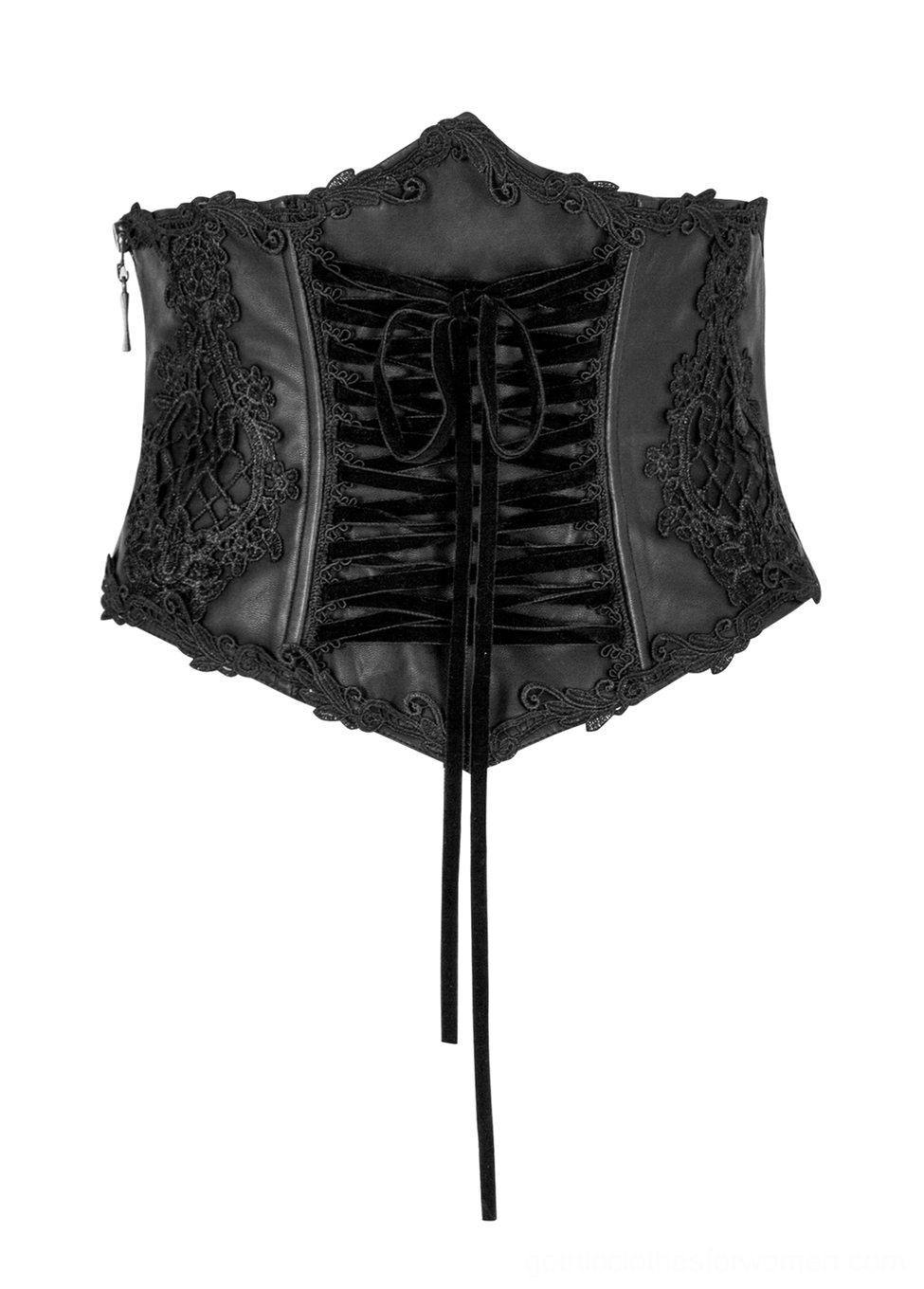 Black gothic corset belt front view flat product shot displaying floral embroidery pattern, lace-up front, and long adjustable drawstrings