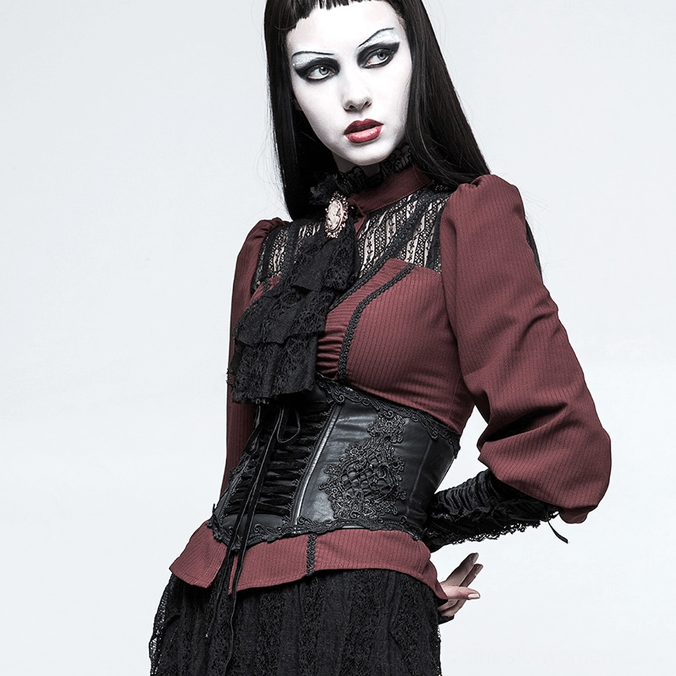 Black gothic corset belt product image featuring embroidered floral design, adjustable lacing system, and steampunk-inspired vintage accents
