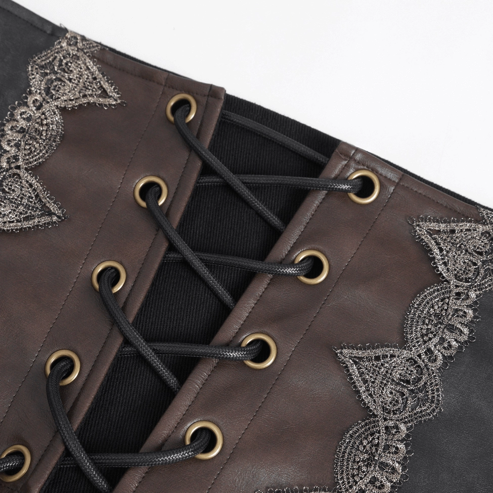 Brown gothic corset belt worn styling showing how to integrate into everyday alternative fashion