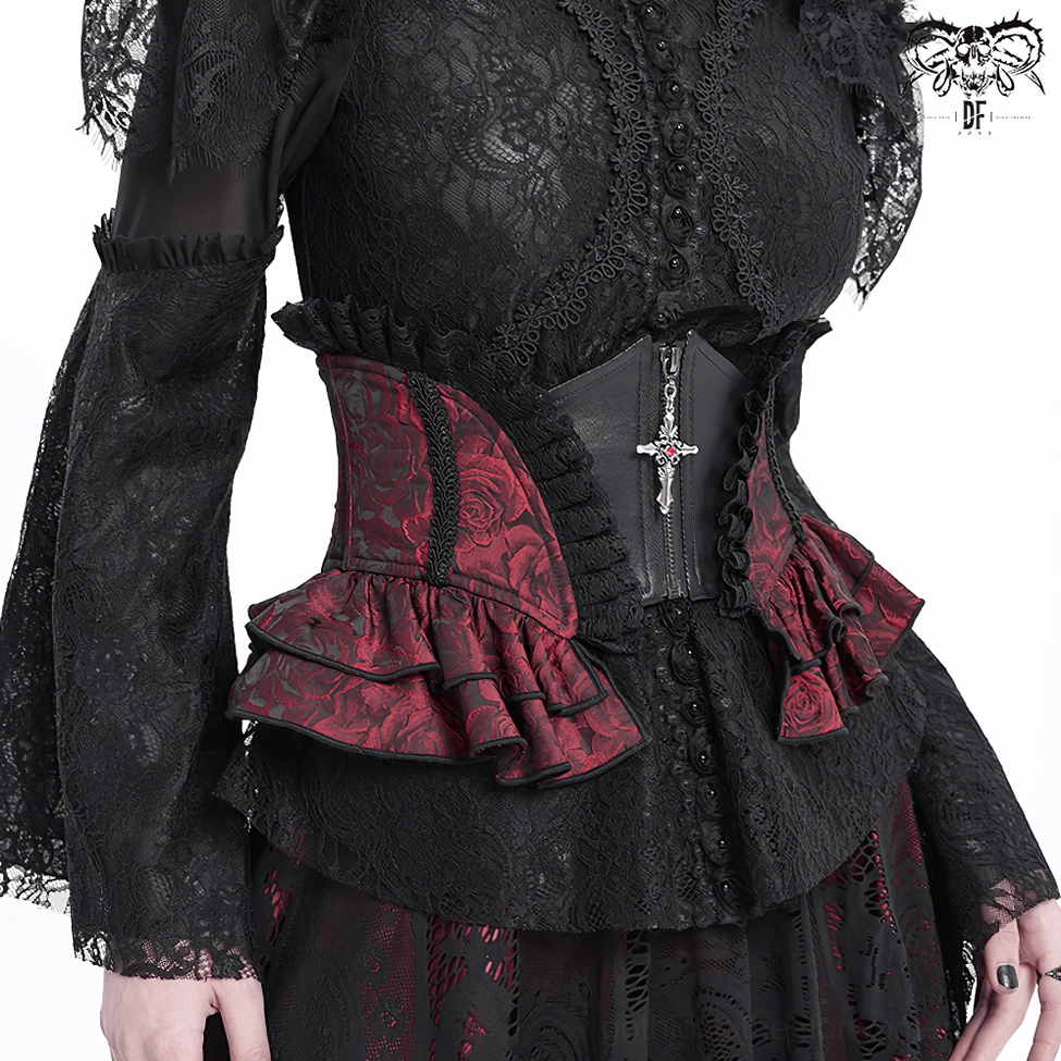 Gothic corset belt worn detail showing faux leather accents and slim-fitting profile architecture