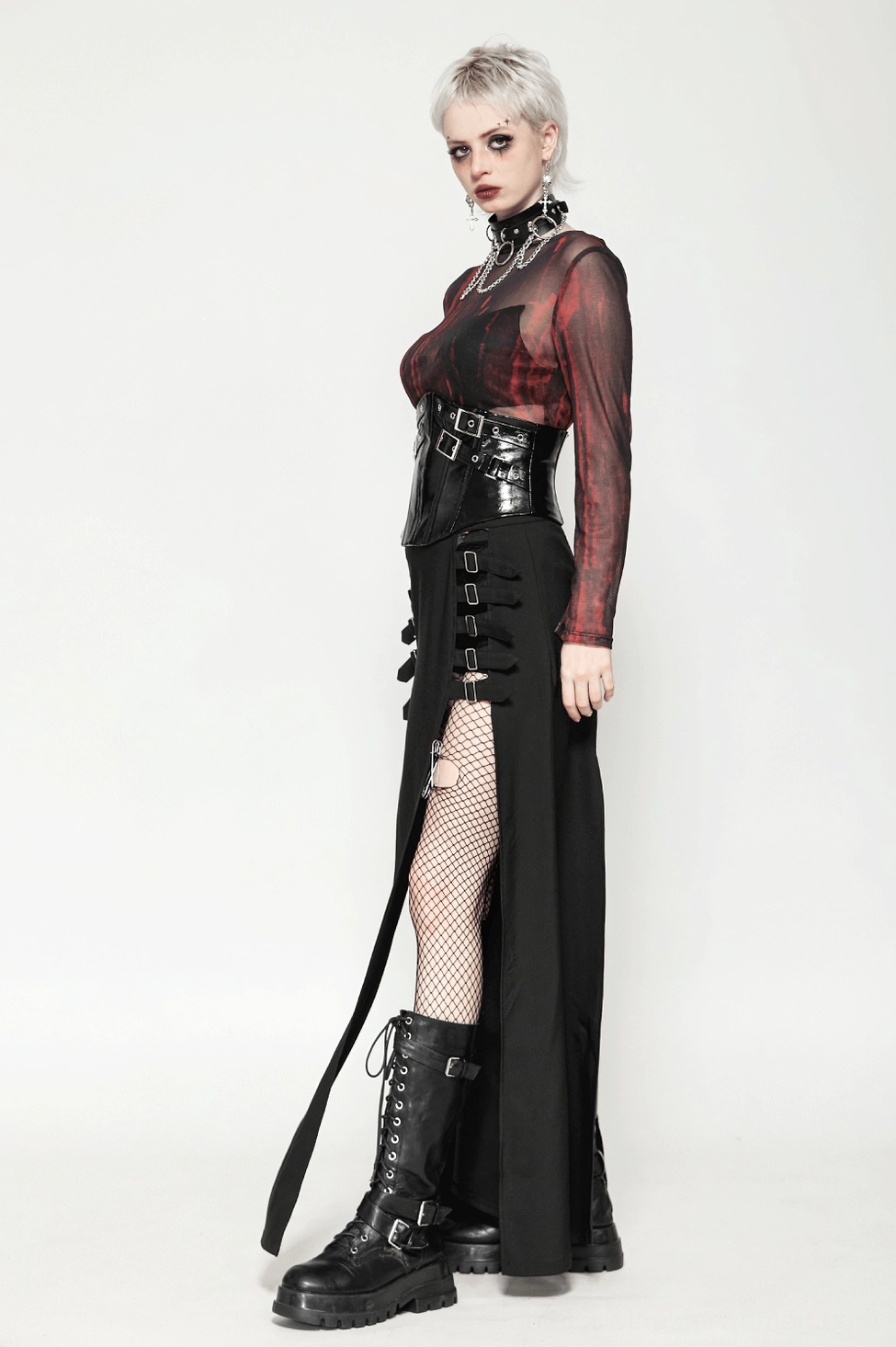 Gothic corset belt worn by model demonstrating perfect fit and visual impact with goth fashion styling