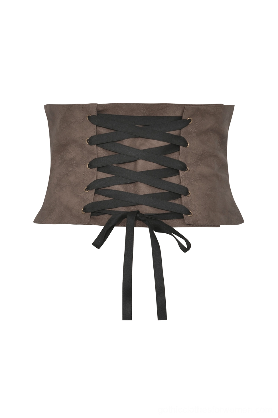 Flat lay back view of gothic corset belt showing black drawstring lace-up structure and eyelets