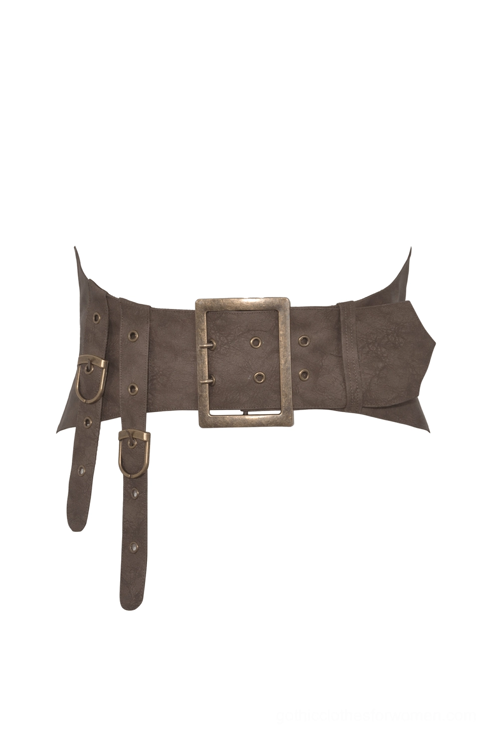 Flat lay of gothic double buckle corset belt front view, brown leather with bronze square buckles