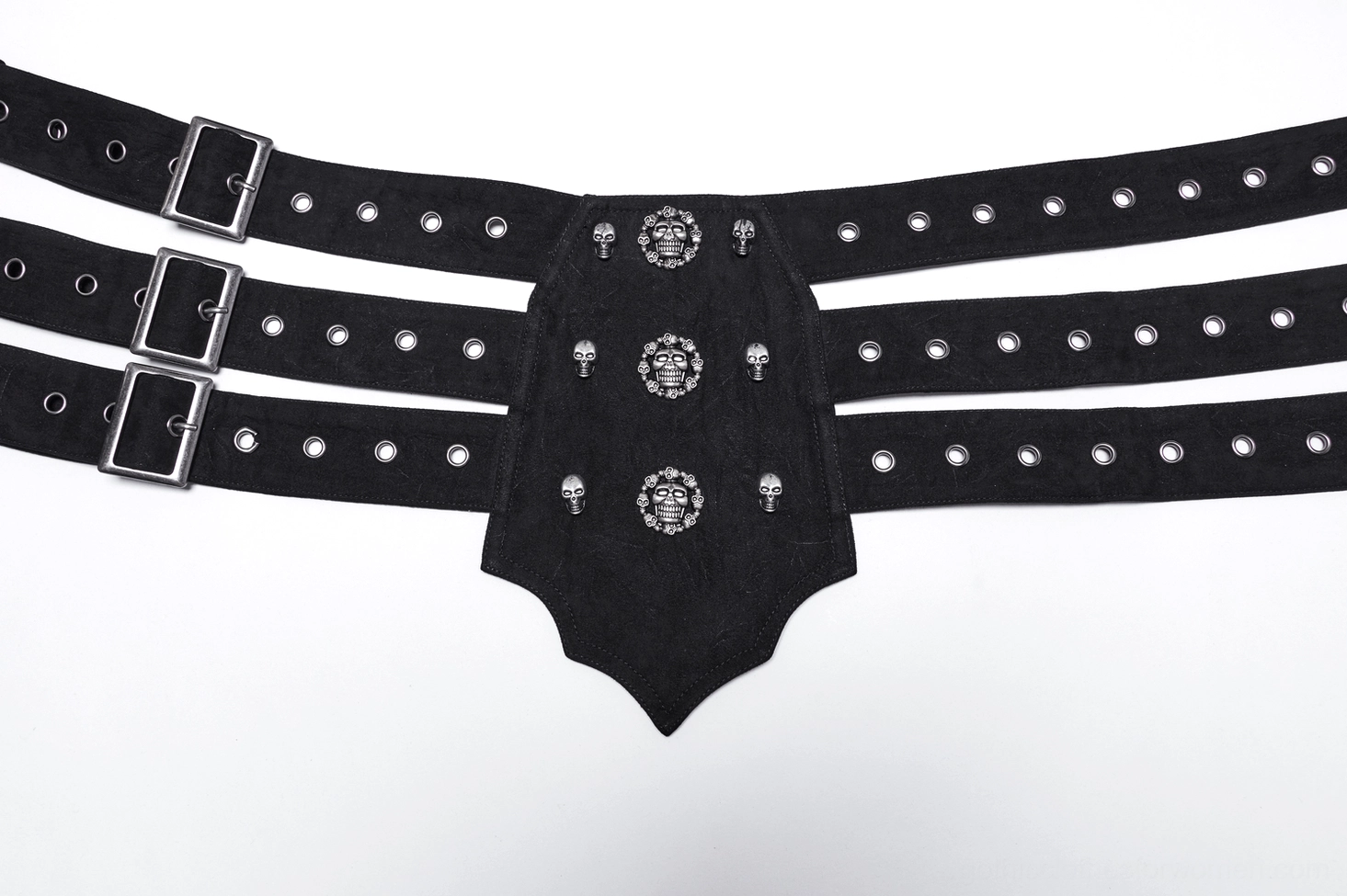 Decorated gothic corset belt flat lay top-down view showing three adjustable straps with buckles