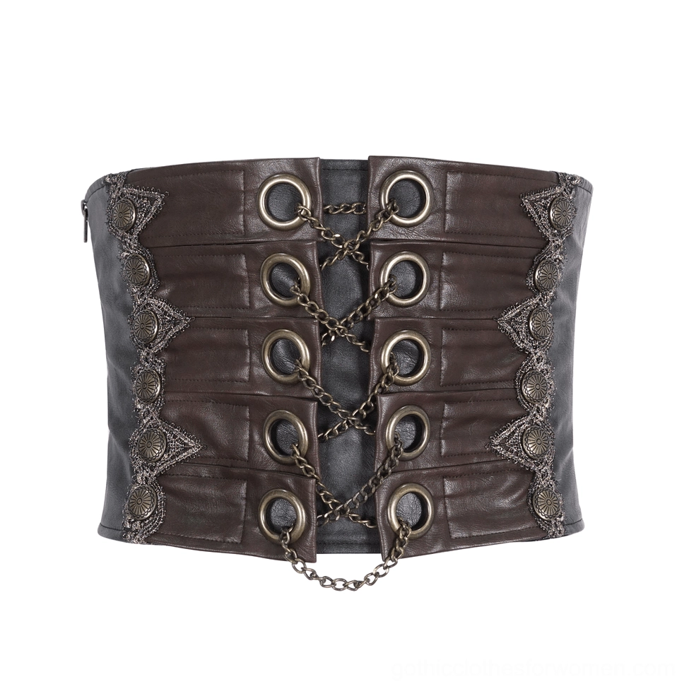 Brown gothic corset belt flat lay showing vintage metal chain trim and embroidered lace edges