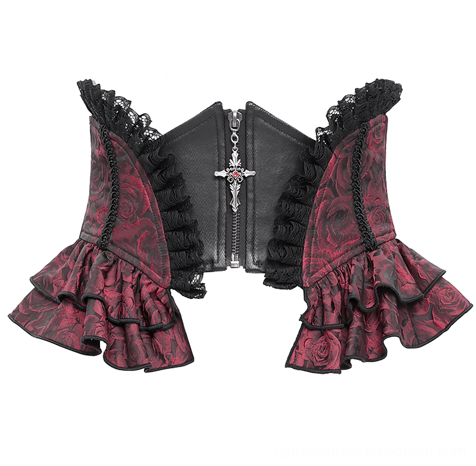 Unworn wine red floral brocade corset belt flat lay showing cross zipper pendant and black lace trim