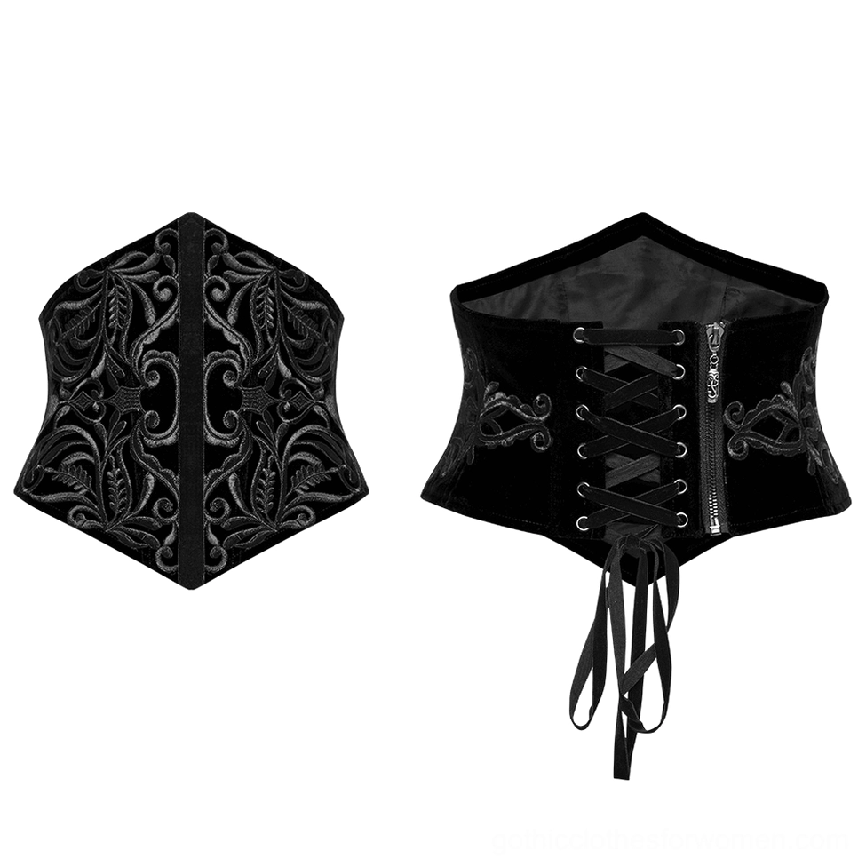 Flat lay display of black gothic embroidered corset belt showing baroque vine stitching and overall design