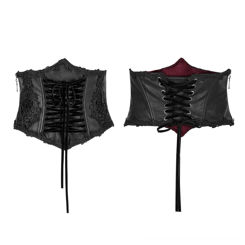 Two black gothic corset belts in flat lay product photography showing front lace-up closure, dark red inner lining, and side zipper details