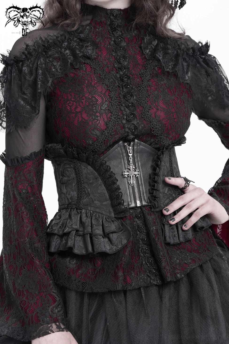 Gothic lace corset waist belt with cross zipper, flat lay product photography white background