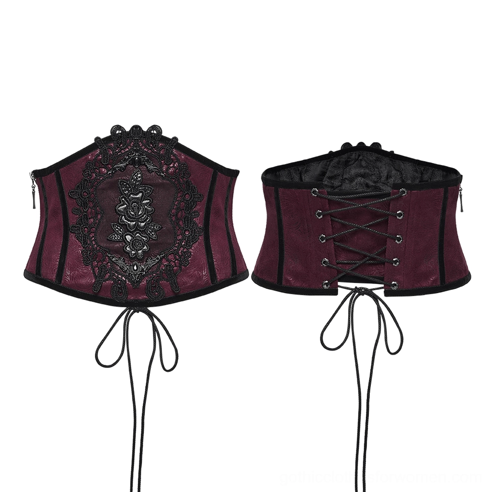 Wine red gothic corset belt flat lay display showing front lace applique and rear lace-up closure detail on white background